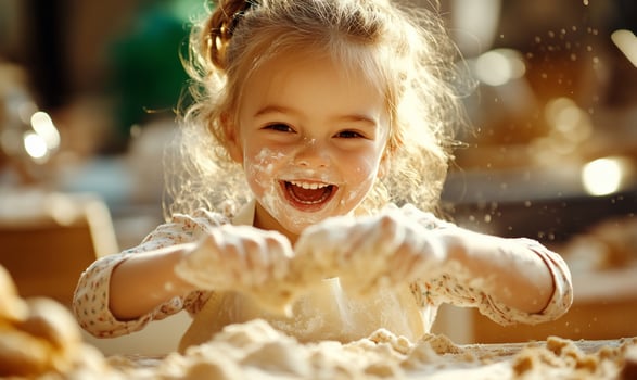 Smiling girl baking happy childhood fun with flour photo