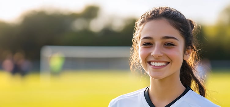 Smiling soccer athlete on field close up portrait photo