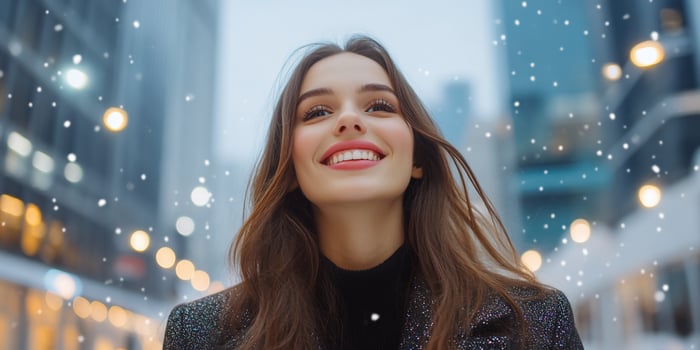 Smiling woman enjoying gentle snowfall in city urban winter portrait photo