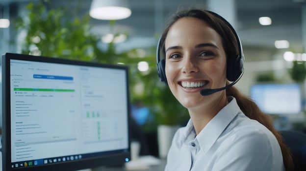 Smiling woman with headset at office workplace photo