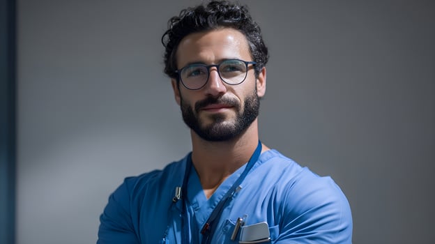 Portrait of confident male nurse posing with arms crossed in hospital setting photo