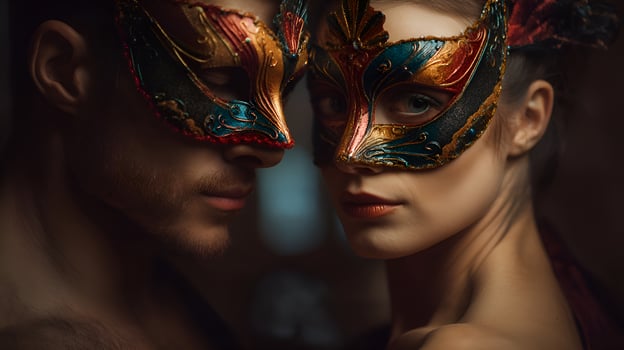 Couple wearing venetian masks getting close in the dark photo