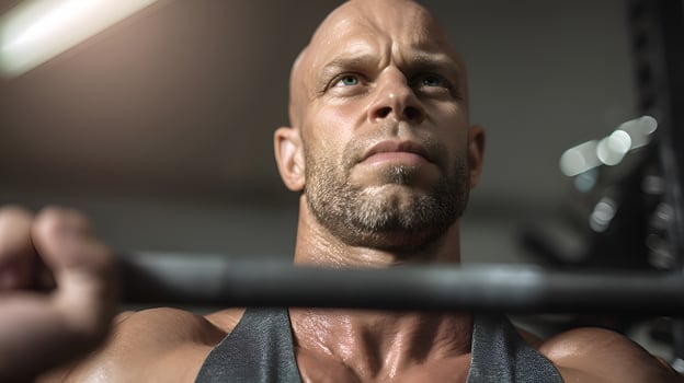 Determined bodybuilder lifting weights in gym during intense workout photo