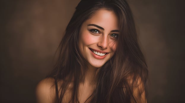 Beautiful smiling woman with long brown hair posing in studio shot photo