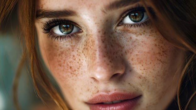Close up of caucasian model showing ephelides and long eyelashes photo