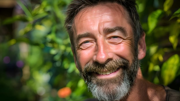 Happy gardener smiling in lush green garden setting photo
