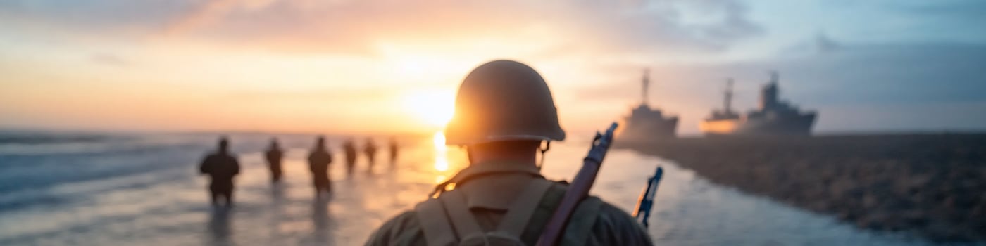 Soldiers march on beach at sunset war concept photo
