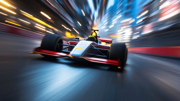 Speeding race car on track with motion blur effect photo