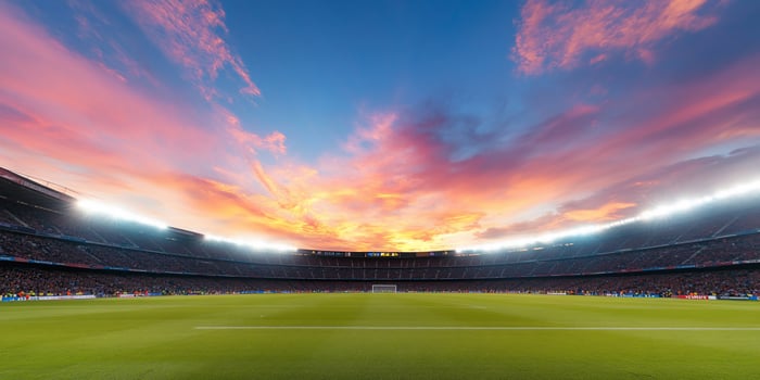 Spectacular stadium sunset scene wide angle view of sports arena under dramatic sky photo