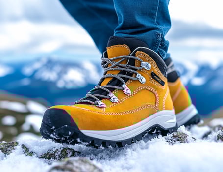 Vibrant trekking boot in snowy mountain landscape outdoor adventure footwear photo