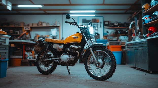 Vintage motorcycle in workshop automotive transportation vehicle photo