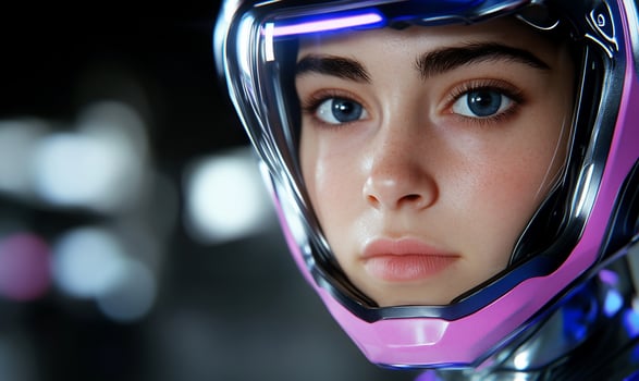 Woman portrait wearing futuristic helmet headgear for cyberpunk science fiction and technology concept photo