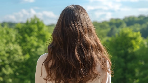 Woman with long wavy brown hair looking at green trees and blue sky in natural light photo