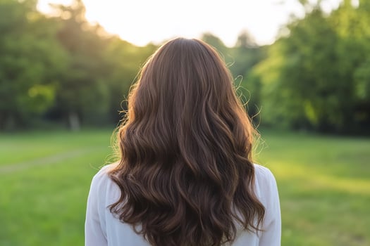 Woman with wavy hair standing in green field on sunny day photo