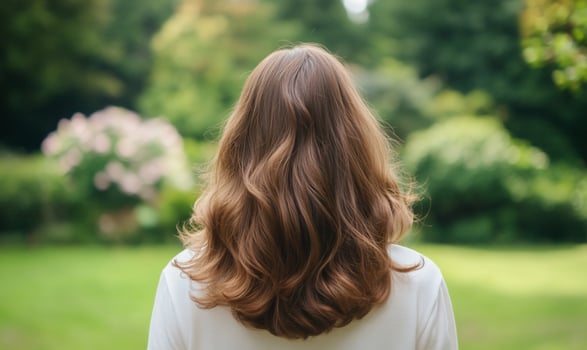 Woman with wavy brown hair outdoors from back view facing green foliage photo