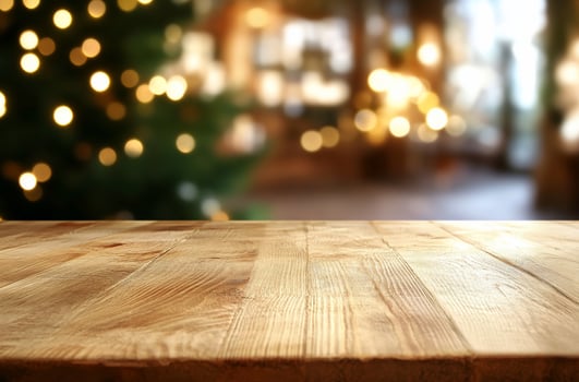 Wooden tabletop with festive lights background perfect for holiday displays and product showcases photo