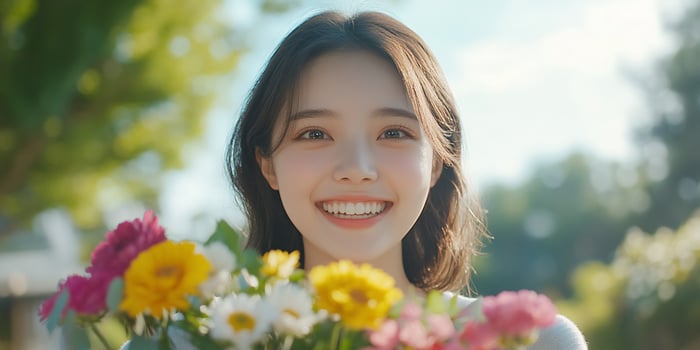Young adult holding bouquet of flowers portrait in natural light photo