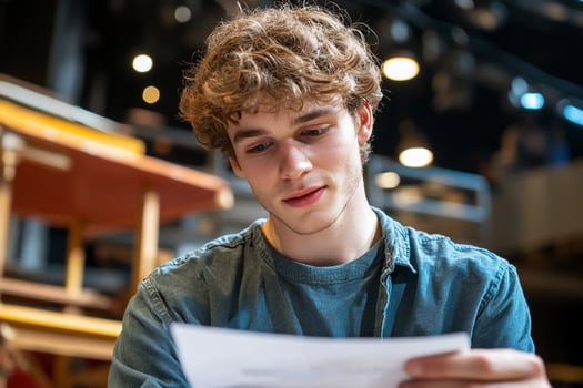 Young man reading script concentrated on performance preparation photo