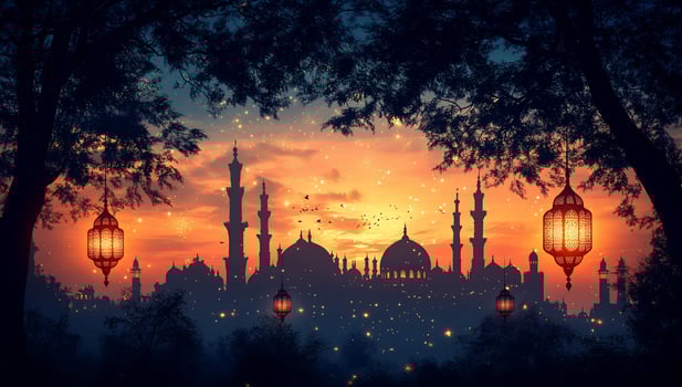 City silhouette at sunset with traditional lanterns and cultural architecture photo