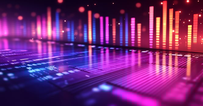 Colorful audio visualizer with abstract glowing data bars and reflections photo
