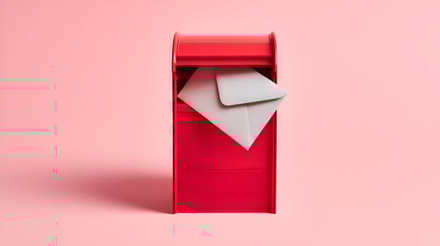 Red mailbox with sticking out mail envelope on pink background photo