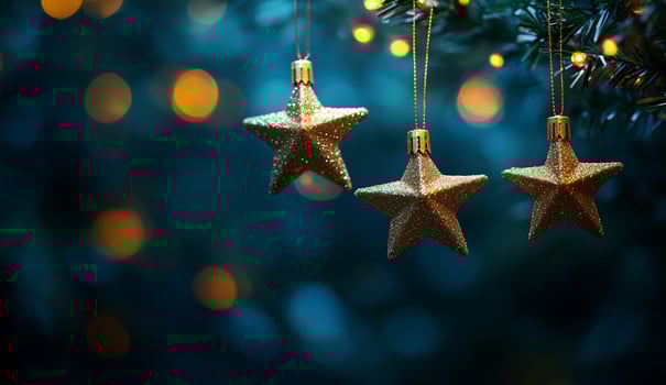 Festive gold star ornaments against teal bokeh background photo