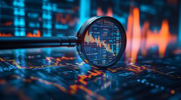 Financial data analysis display with magnifying glass economic insights photo