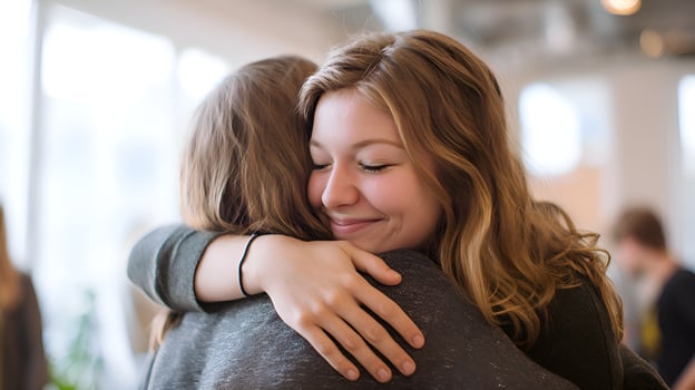 Two young women hugging each other, expressing friendship and support photo