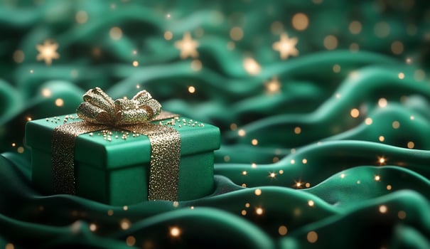 Luxury gift box with gold ribbon on wavy green satin background photo