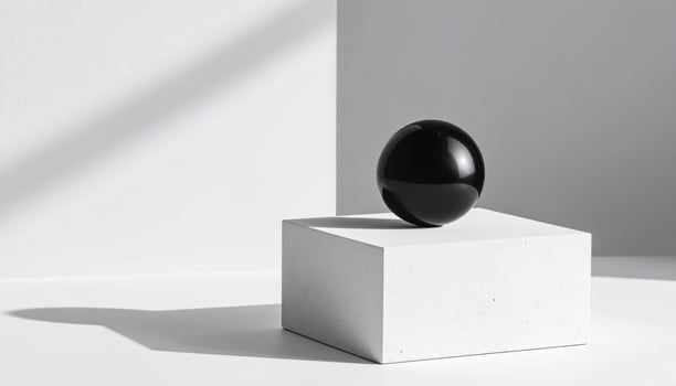 Monochrome Harmony Glossy Black Sphere on a White Cube with Diagonal Light. photo
