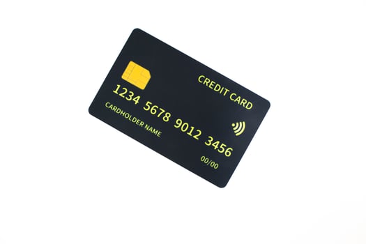 Isolated Black Credit Card with EMV Chip and Contactless Payment Symbol on White Background photo