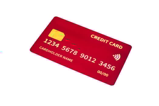 Isolated Red Credit Card with Chip and Contactless Payment Symbol on White Background photo