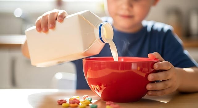 young child carefully pouring fresh milk into bright red bowl ready for breakfast photo