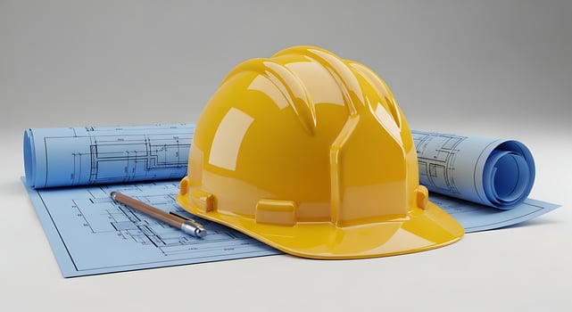 Hard Hat on Blueprints with Pen Construction Planning photo