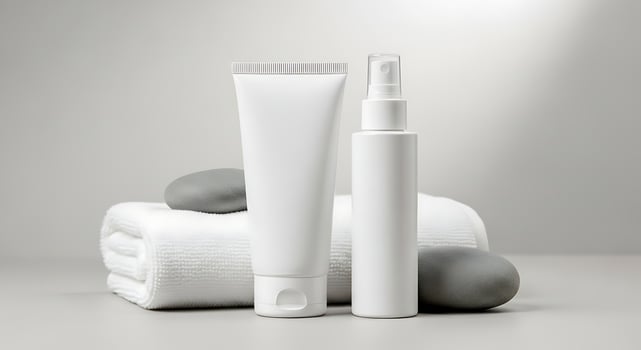 Cosmetic Tube and Spray Bottle with Towel and Stones for Skin Care Routine photo