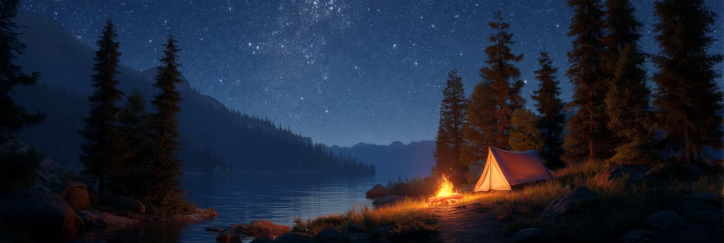 Serene Lakeside Camping Scene Under a Starry Night Sky with a Cozy Campfire and Peaceful Forest Surroundings photo