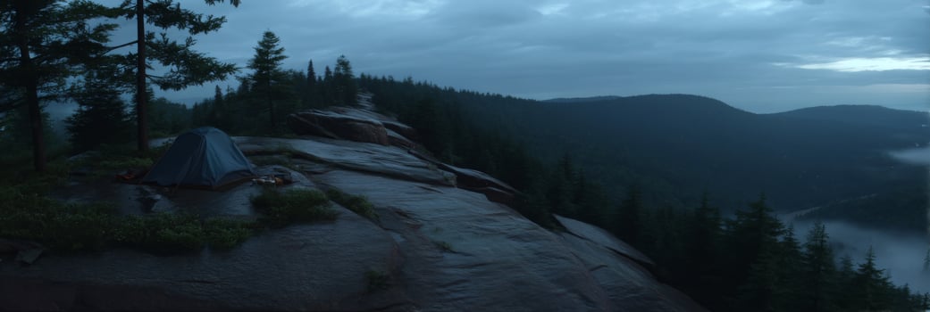 Peaceful Camping Scene on a Rocky Outcrop During Twilight with Trees and Misty Mountains in the Background photo