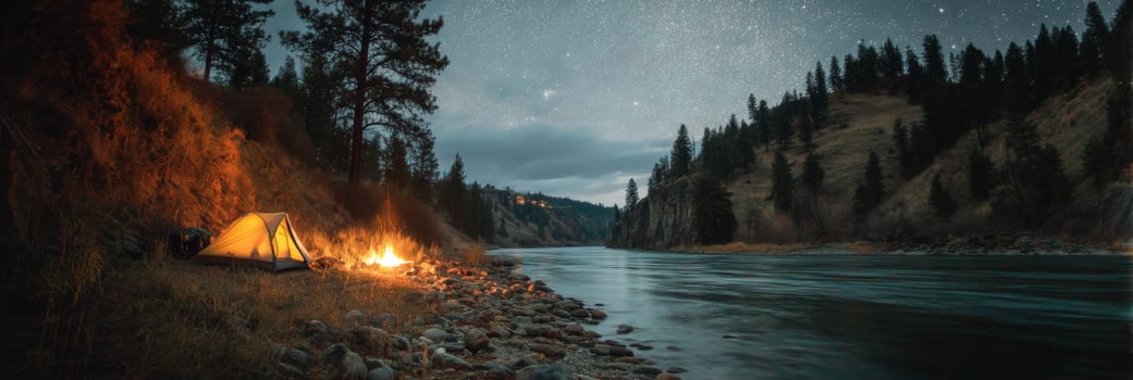 Serene riverside camping scene under starry night sky with warm campfire and glowing tent near peaceful water photo