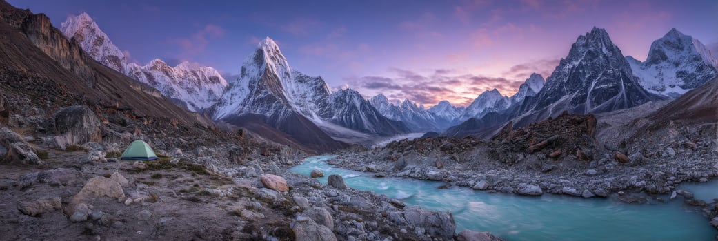 Breathtaking Sunrise Over Mountain Valley with Turquoise River and Camping Tent in Remote Wilderness Location photo