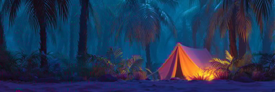 Tranquil Night Camping Experience in Lush Tropical Forest with Illuminated Tent Under Starry Sky and Vibrant Palms photo