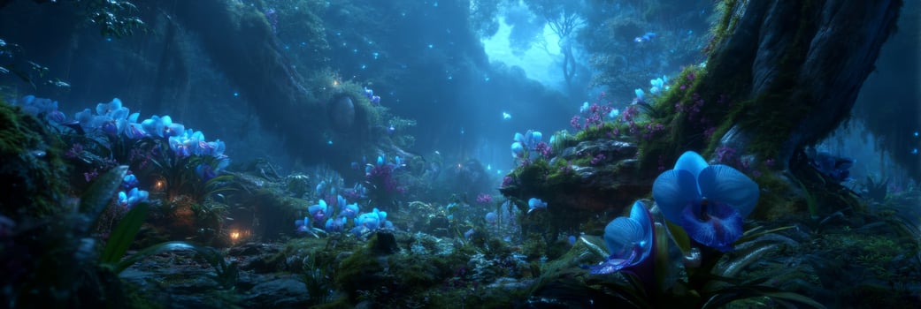 Enchanting Mystical Forest with Bioluminescent Flora Under Moonlight in a Dreamlike Environment photo