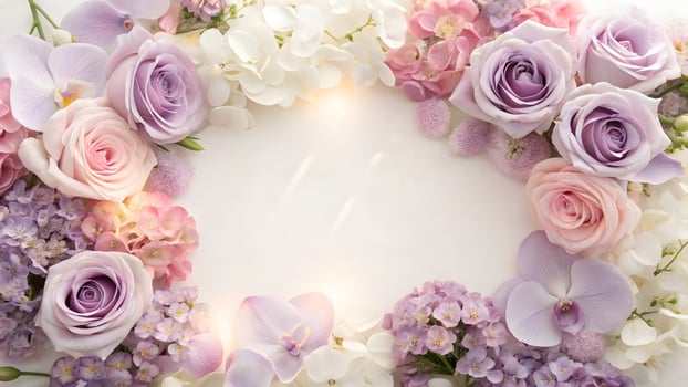 Floral Arrangement Pastel Roses, Orchids, Hydrangeas Frame Blank Space for Wedding Invitation or Romantic Greeting Card Design photo