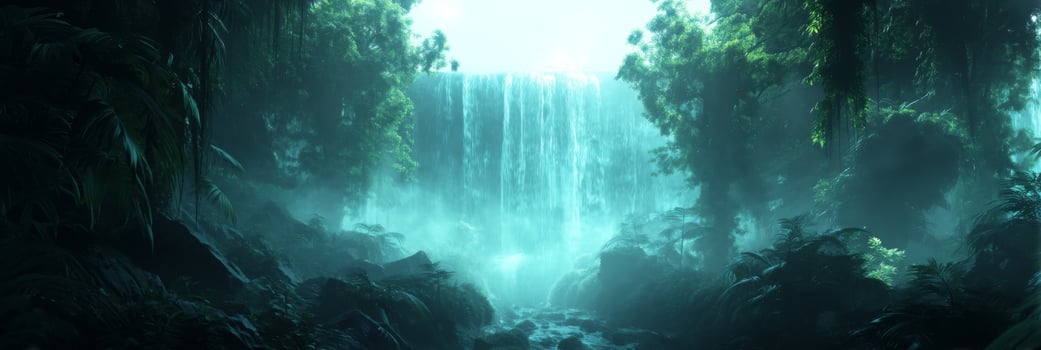 Enchanting Waterfall Surrounded by Lush Greenery and Mist in a Tropical Jungle Landscape photo