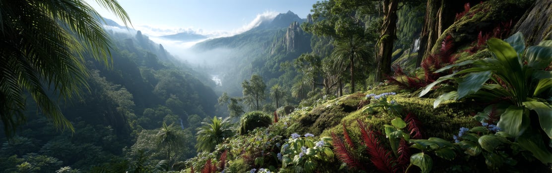 Lush Green Valley with Misty Mountains and Vibrant Flora under a Bright Blue Sky in a Serene Natural Landscape photo