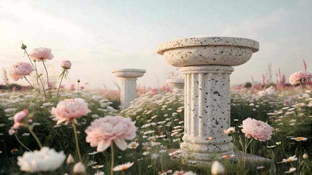 Serene Flower Field with Ancient Stone Pillars, Soft Pink Peonies, Daisies, dreamy, spring, outdoor, garden, nature scene photo