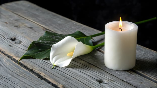Serene Memorial Scene White Calla Lily and Candle on Rustic Wood, Funeral Sympathy, Remembrance, Peace photo