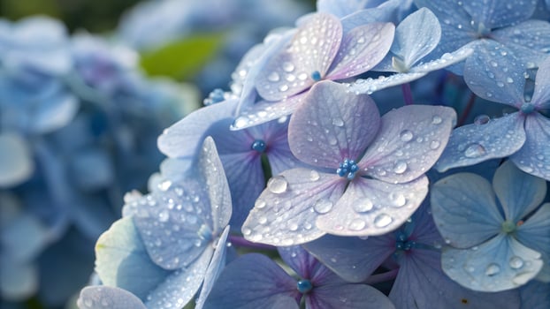 Dew Kissed Hydrangeas Close Up of Delicate Blue Purple Blooms with Water Droplets in Soft Natural Light photo