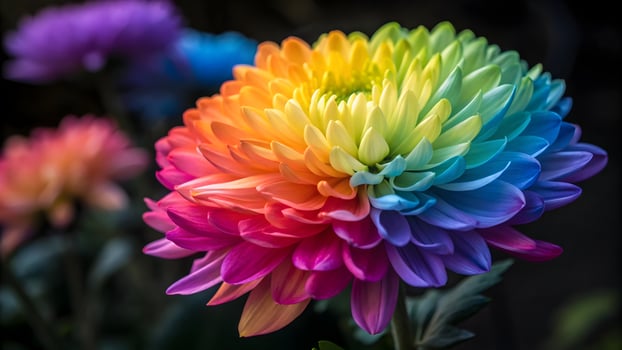 Vibrant Rainbow Chrysanthemum Blossom in Bloom, Colorful Floral Display, Botanical Beauty, Dark Background, Springtime Elegance, Garden Freshness photo
