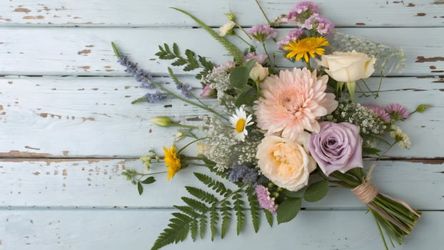 Rustic Floral Bouquet on Weathered Blue Wood, a charming and vintage floral arrangement for backgrounds, greetings, and decorative projects photo