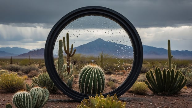 Circular mirror reflecting a desert landscape with cacti and rain droplets, under a cloudy sky photo